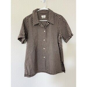 Gingham Short-Sleeve Button-Down Shirt in Brown and Cream